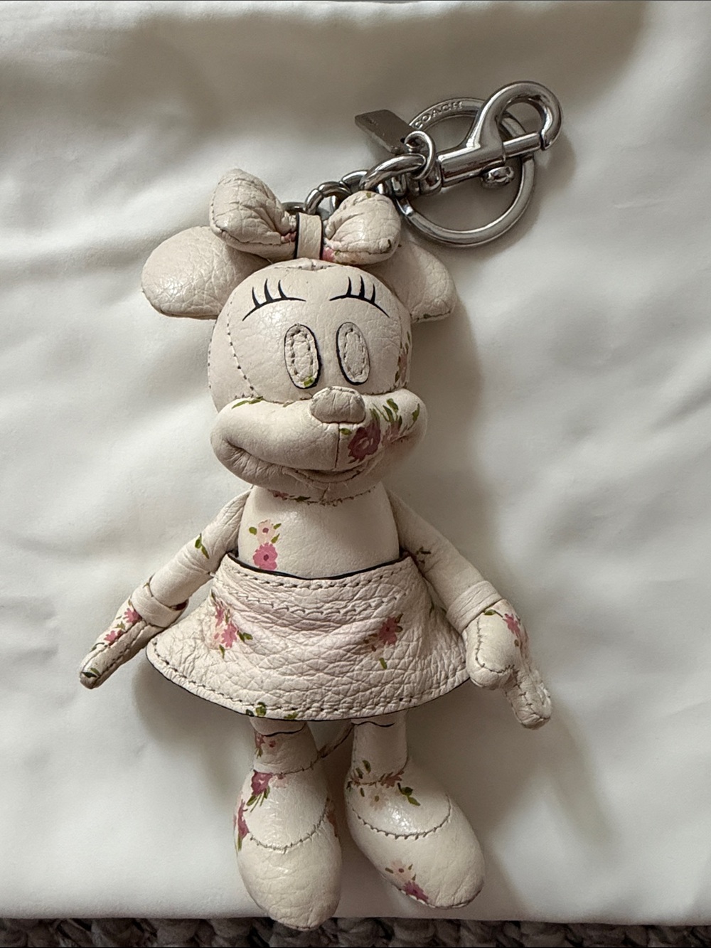 Coach Cream Floral Minnie Mouse Leather Keychain